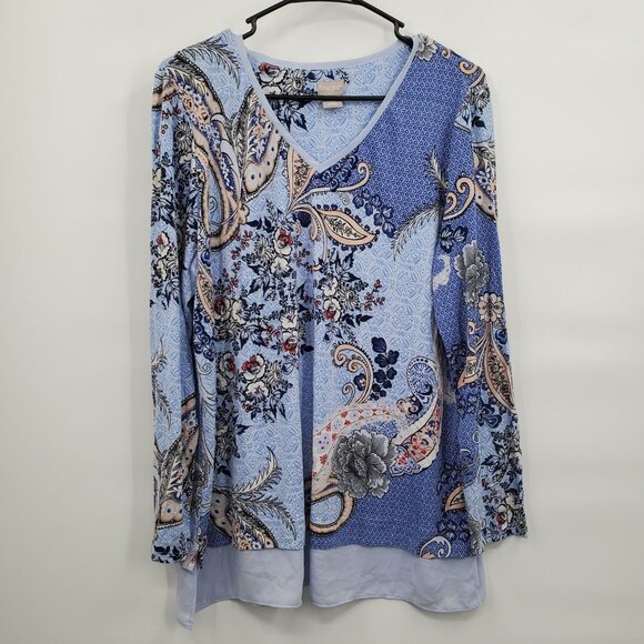 Chico's Floral Print Long Sleeve V Neck Tunic Top Women Size 2 US Large Paisley - Picture 1 of 11